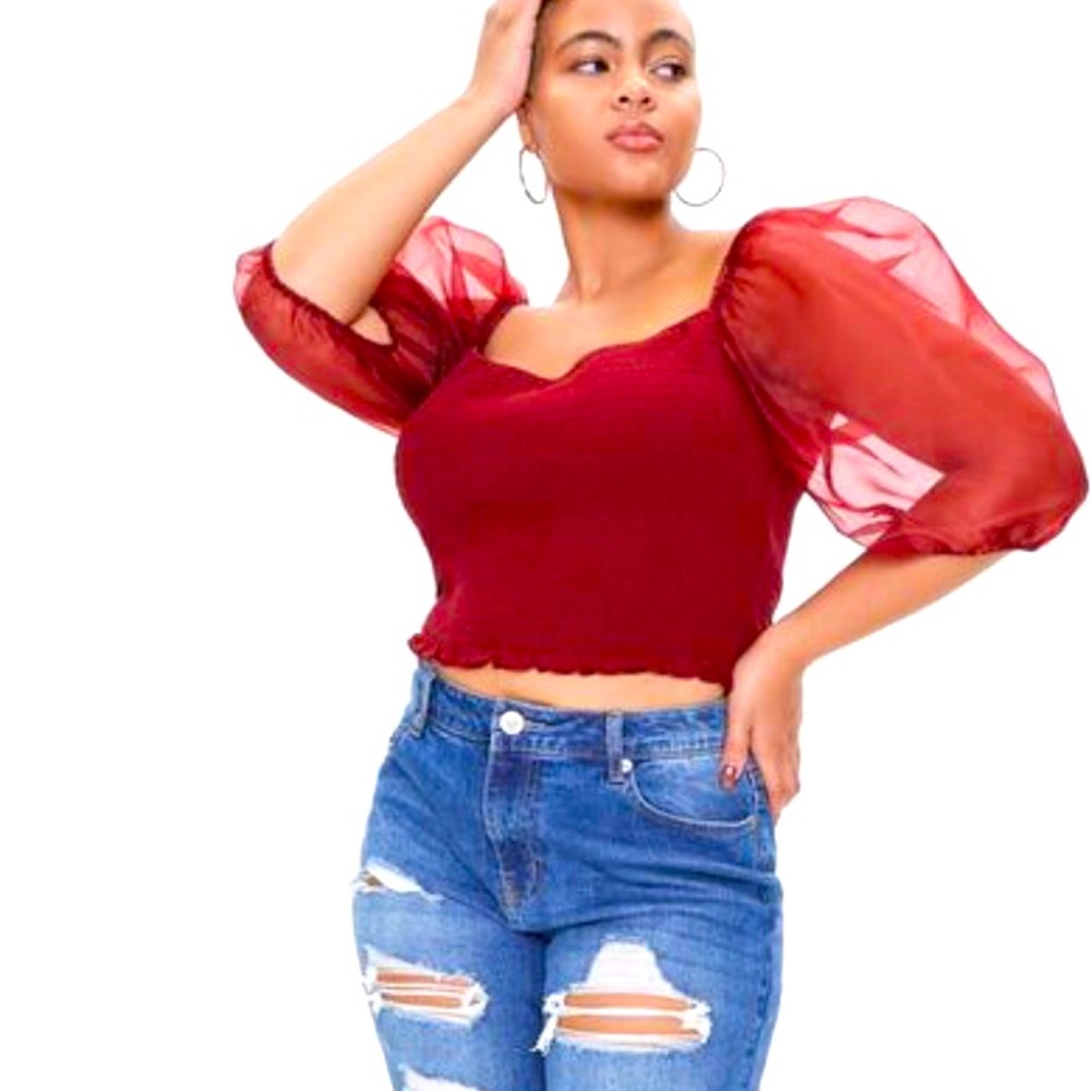 Burgundy Smocked Organza-Sleeve Top